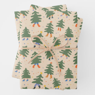 Whimsical Walking Christmas Trees Pattern Wrapping Paper Sheet