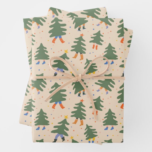 Whimsical Walking Christmas Trees Pattern Wrapping Paper Sheet (In situ)
