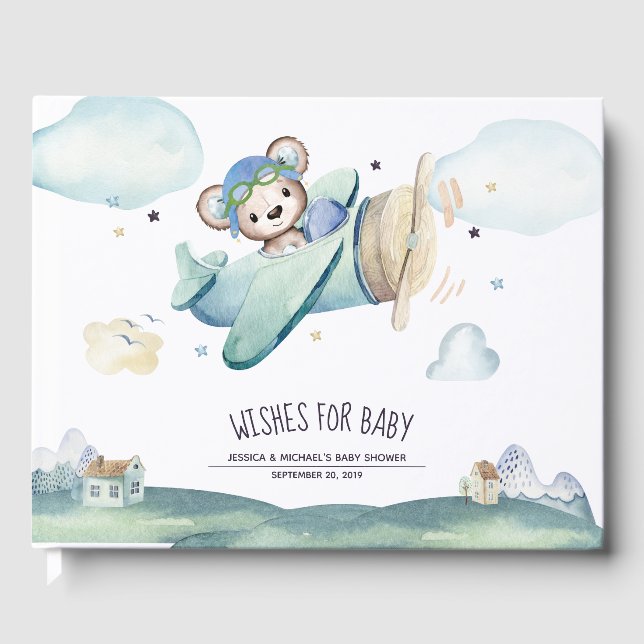 Whimsical Watercolor Aeroplane Pilot Teddy Bear Guest Book (Front)
