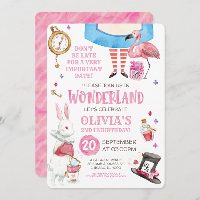 Whimsical Watercolor Alice in Wonderland Birthday Invitation (Front/Back)