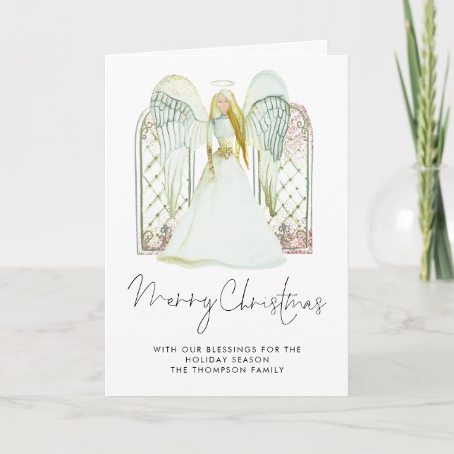 Whimsical Watercolor Angel Merry Christmas Script Holiday Card (Front)