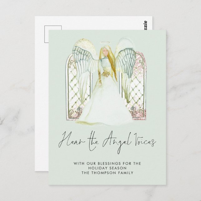 Whimsical Watercolor Angel Voices Script Nativity Postcard (Front/Back)