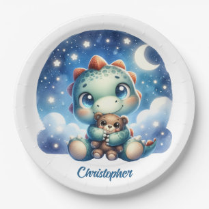 Whimsical watercolor baby dino hugging bear  paper plate