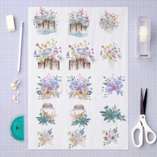 Whimsical Watercolor Beachy Florals & Shells  Tissue Paper (Craft)