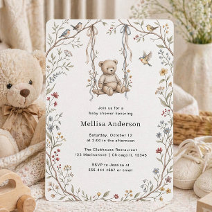 Whimsical Watercolor Bear Swing Garden Baby Shower Invitation