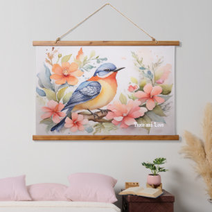 Whimsical Watercolor Bird Floral Art Hanging Tapestry