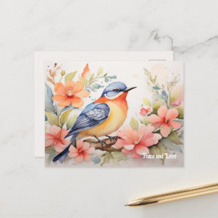Whimsical Watercolor Bird Floral Art Postcard