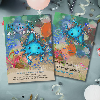 Whimsical Watercolor Blue Axolotl Boys Birthday Invitation