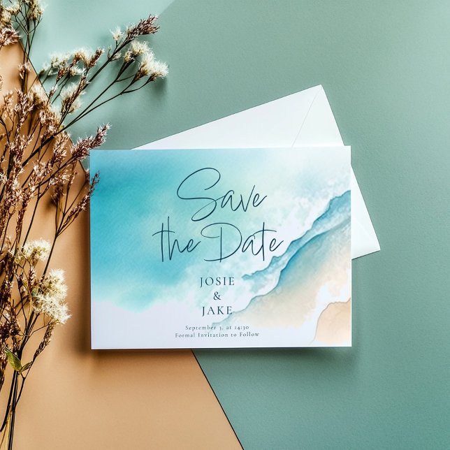 Whimsical Watercolor Blue Ocean Save the Date (Summer "Save the Date" invitation card with a sandy watercolor beach and blue ocean view.)