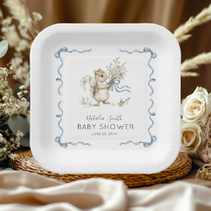 Whimsical Watercolor Blue Squirrel Baby Shower Paper Plate
