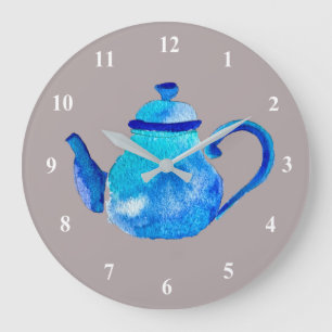 Whimsical watercolor blue teapot large clock