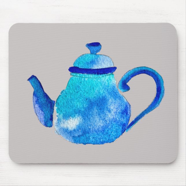 Whimsical watercolor blue teapot mouse mat (Front)