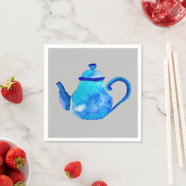 Whimsical watercolor blue teapot napkin (Insitu)