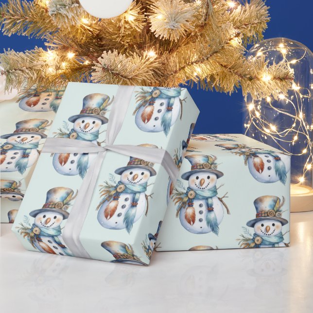 Whimsical Watercolor Boho Snowman Christmas  Wrapping Paper (Holidays)