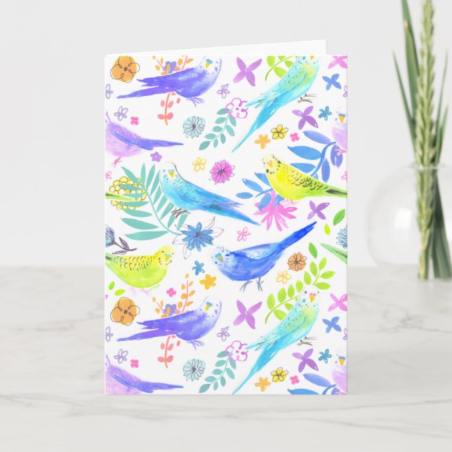 Whimsical Watercolor Budgie Parakeets Card (Front)