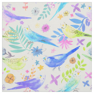 Whimsical Watercolor Budgie Parakeets Fabric