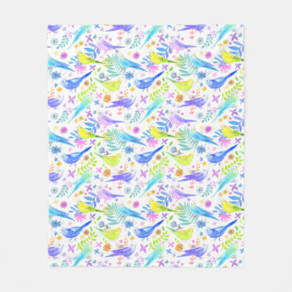 Whimsical Watercolor Budgie Parakeets Fleece Blanket