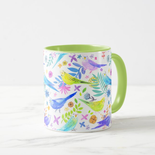 Whimsical Watercolor Budgie Parakeets Mug (Front Right)