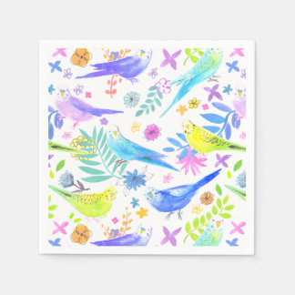 Whimsical Watercolor Budgie Parakeets Napkin