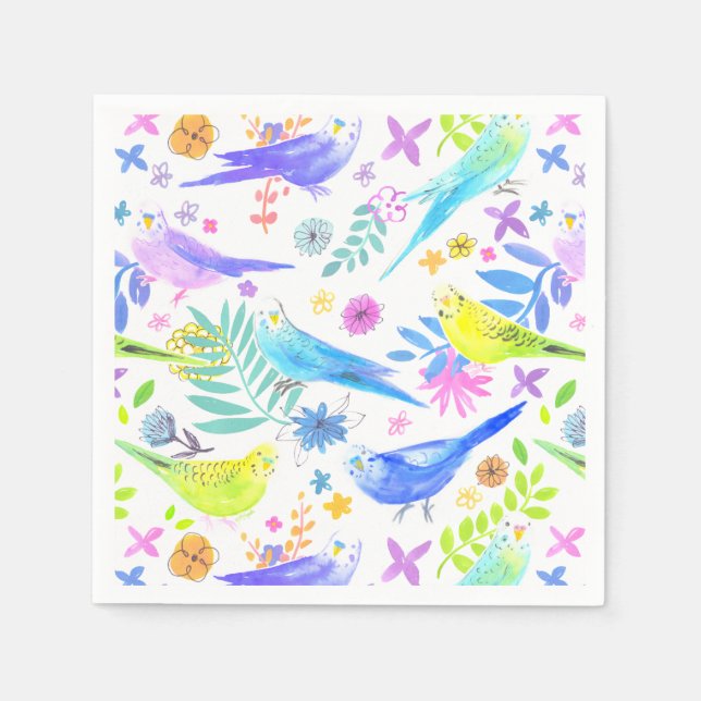 Whimsical Watercolor Budgie Parakeets Napkin (Front)