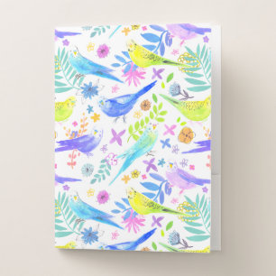 Whimsical Watercolor Budgie Parakeets Pocket Folder