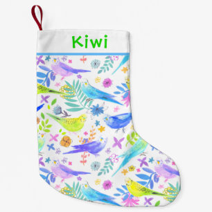 Whimsical Watercolor Budgie Parakeets Small Christmas Stocking