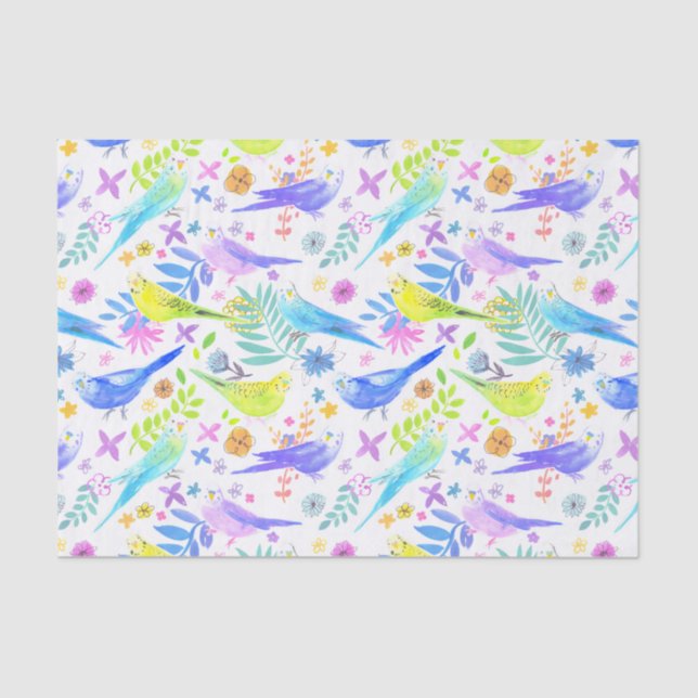 Whimsical Watercolor Budgie Parakeets Tissue Paper (Front)