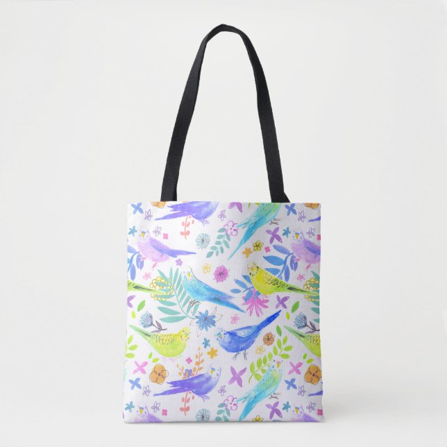 Whimsical Watercolor Budgie Parakeets Tote Bag (Front)