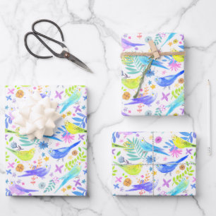 Whimsical Watercolor Budgie Parakeets Wrapping Paper Sheet
