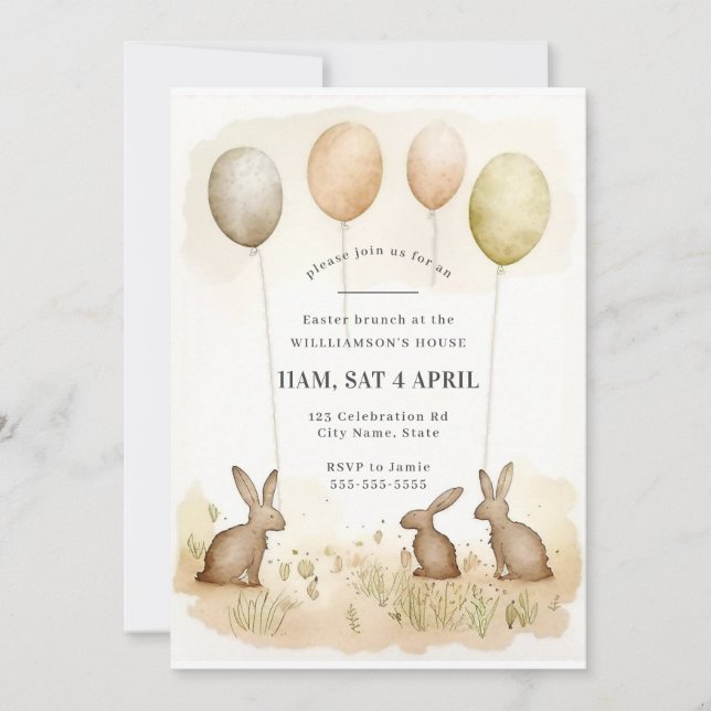 Whimsical Watercolor Bunny Easter Brunch  Invitation (Front)