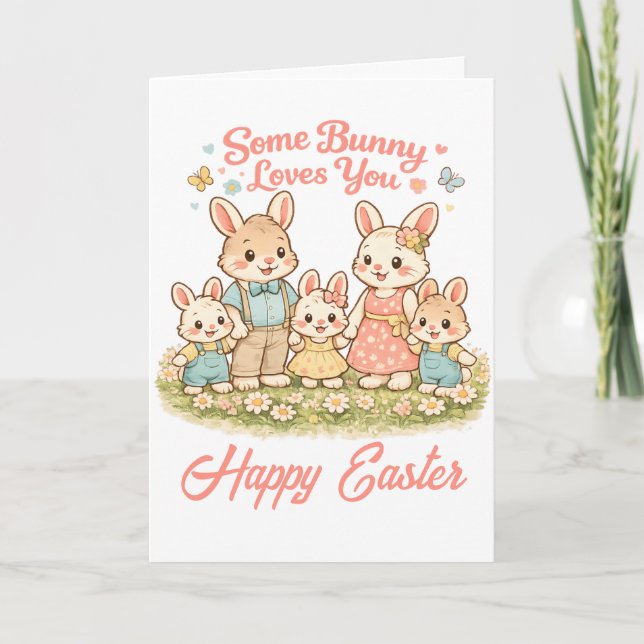 Whimsical Watercolor Bunny Family Happy Easter Holiday Card (Front)