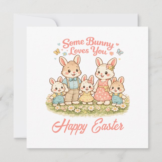 Whimsical Watercolor Bunny Family Happy Easter Holiday Card (Front)
