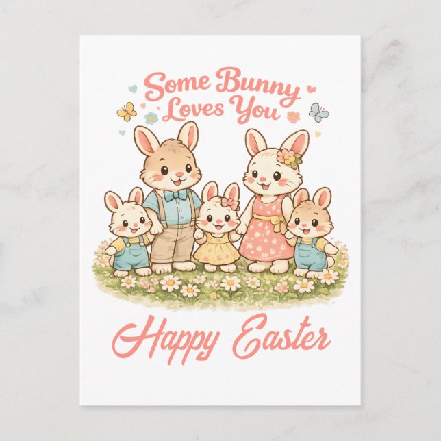 Whimsical Watercolor Bunny Family Happy Easter Holiday Postcard (Front)