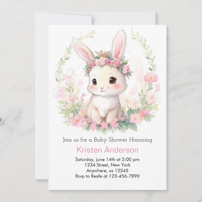 Whimsical Watercolor Bunny Girl Baby Shower Invitation (Front)