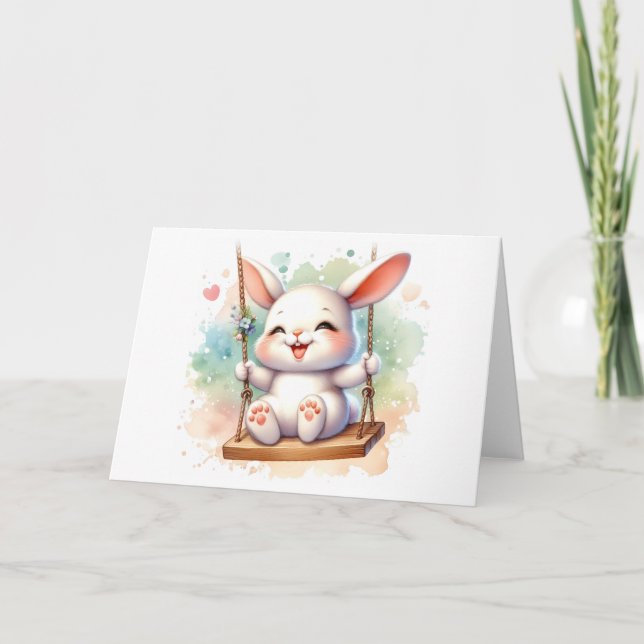 Whimsical Watercolor Bunny Rabbit on Swing Blank Card (Front)