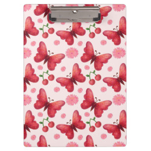 Whimsical Watercolor Butterfly and Cherry Pattern Clipboard