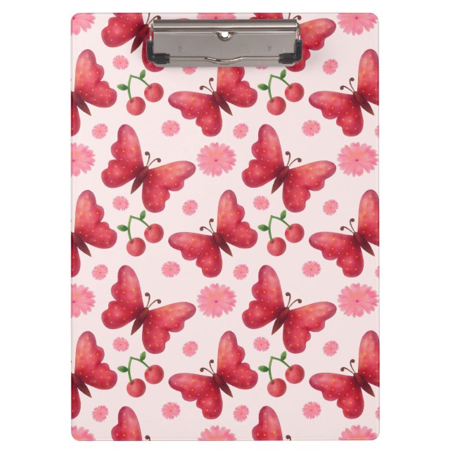 Whimsical Watercolor Butterfly and Cherry Pattern Clipboard (Front)