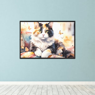 Whimsical Watercolor Calico Cat and Butterflies Canvas Print