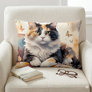 Whimsical Watercolor Calico Cat and Butterflies Decorative Cushion