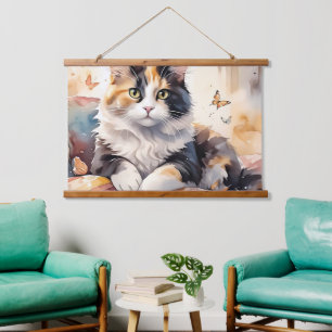 Whimsical Watercolor Calico Cat and Butterflies Hanging Tapestry