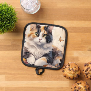 Whimsical Watercolor Calico Cat and Butterflies Pot Holder