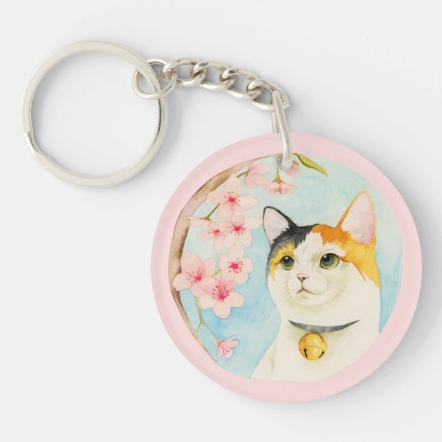 Whimsical Watercolor Calico Cat Key Ring (Front)