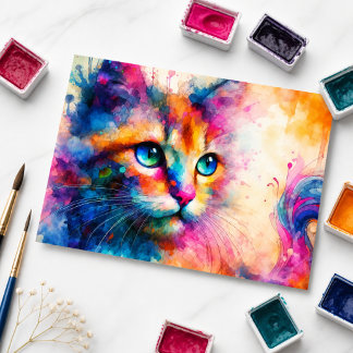 Whimsical Watercolor Cat Portrait   Postcard