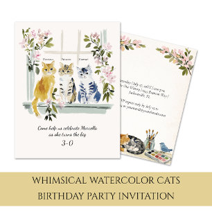 Whimsical Watercolor Cats Birthday Party   Invitation