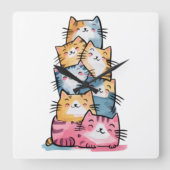 Whimsical Watercolor Cats Modern Wall Clock (Front)