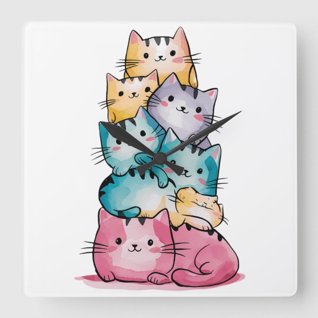 Whimsical Watercolor Cats Modern Wall Clock (Front)