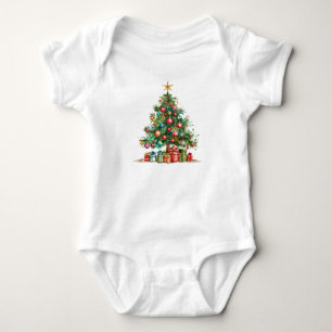 Whimsical Watercolor Christmas Tree Holiday Outfit Baby Bodysuit