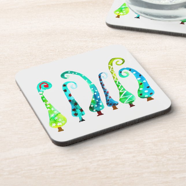 Whimsical watercolor christmas trees coaster (Left Side)