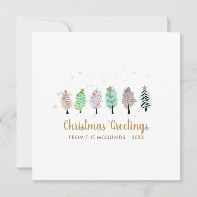 Whimsical Watercolor Christmas Trees Holiday Card (Front)