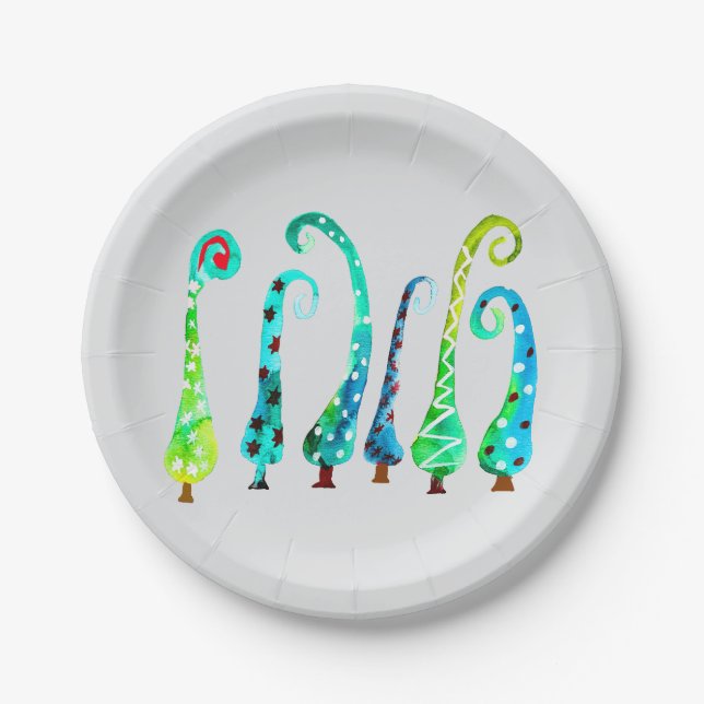 Whimsical watercolor christmas trees paper plate (Front)